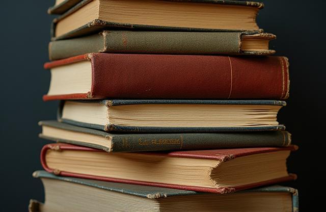 Stack of diverse used books with slightly worn covers.